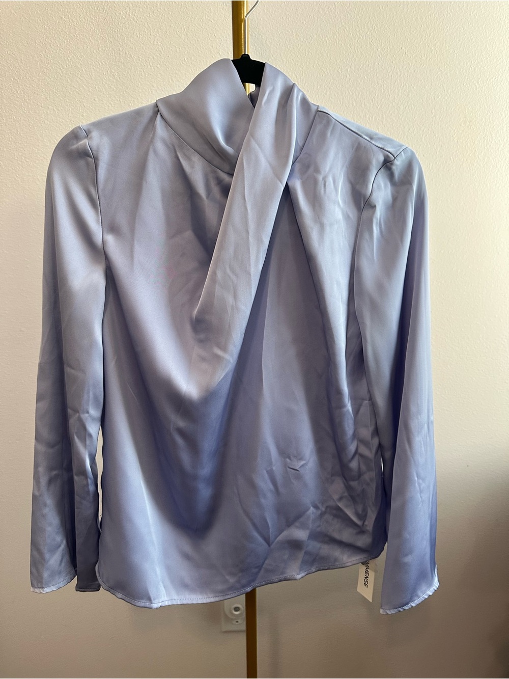 Commense Pale Blue Satin Draped Neck Long Sleeve Blouse